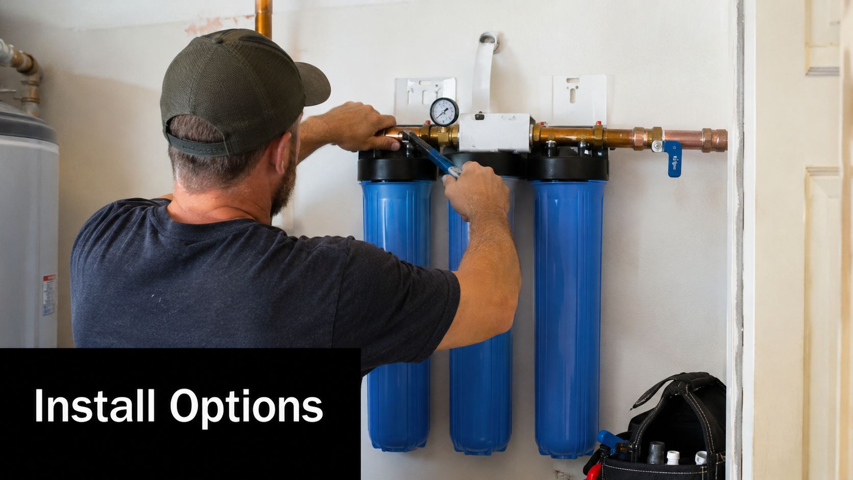 A professional plumber installing a multi-stage water filtration system on a residential wall.