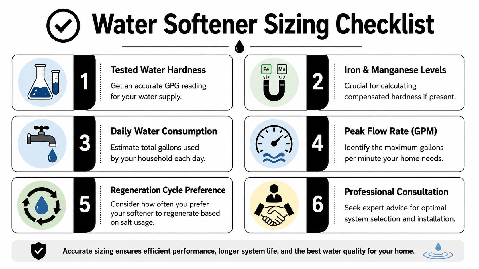 A six-step infographic checklist guiding homeowners on how to properly size a water softener system.