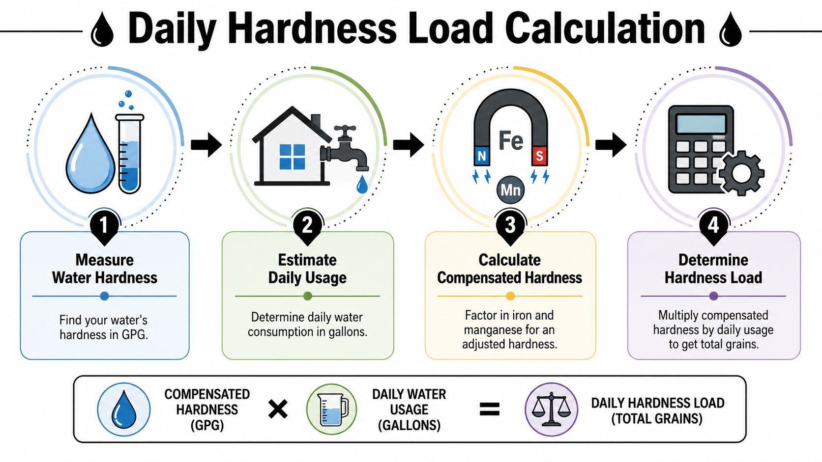 An infographic illustrating four steps to calculate the daily hardness load for sizing a water softener system.