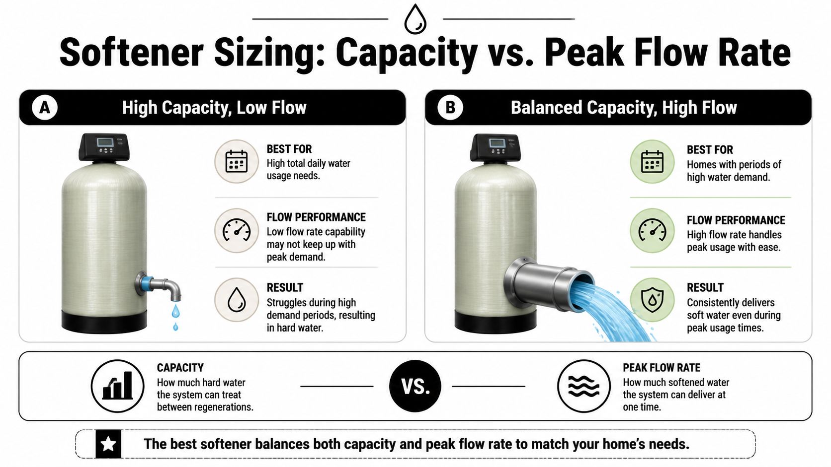 An infographic illustrating the difference between water softener capacity and peak flow rate for home systems.
