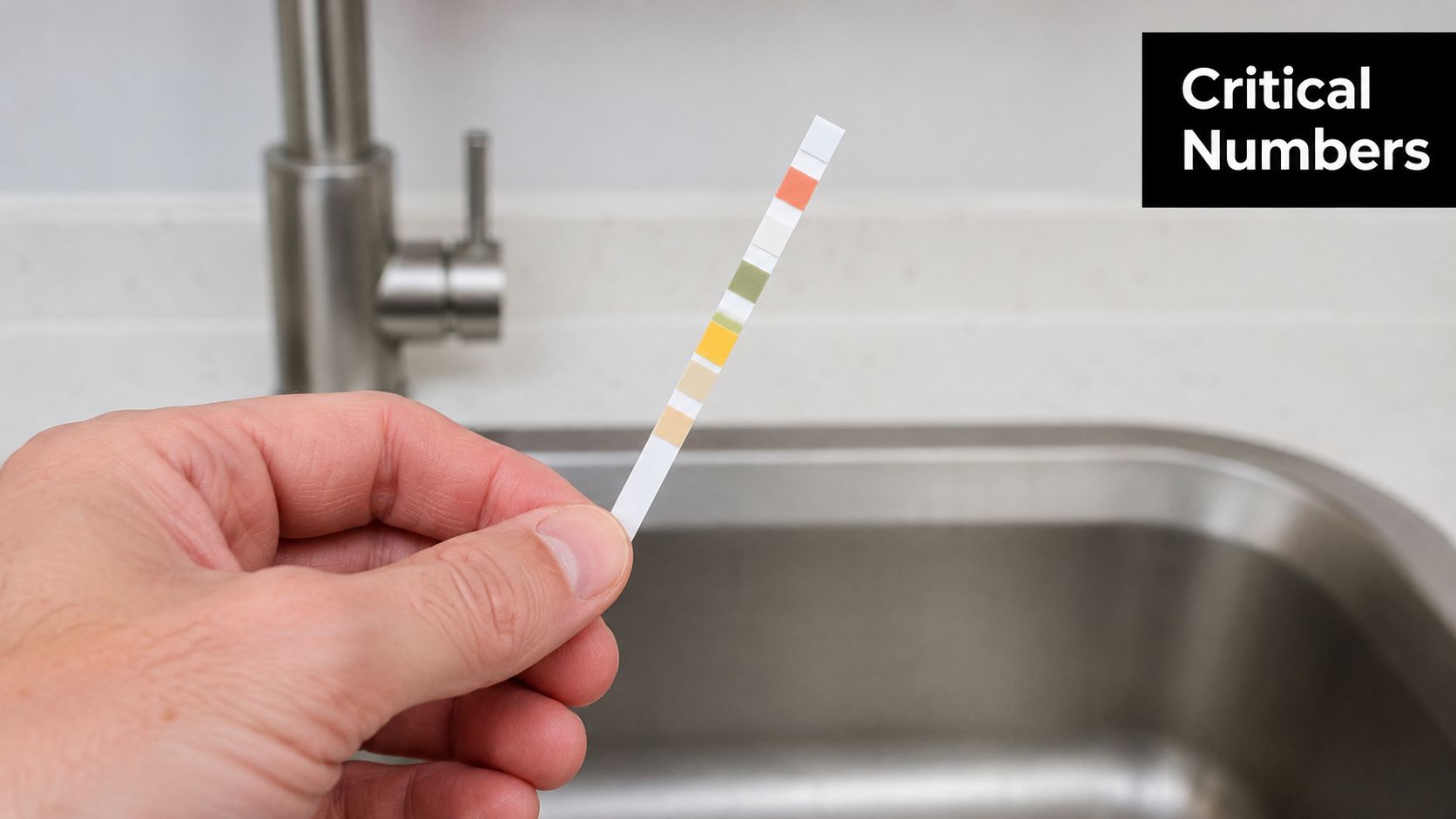 A hand holding a water testing strip with color-coded squares against a blurred kitchen sink background.