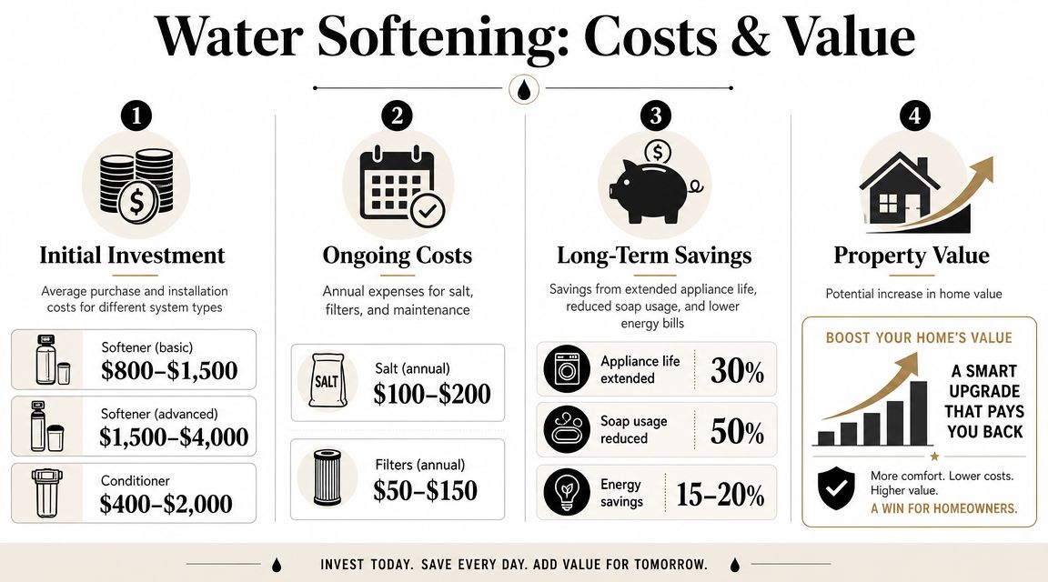 An infographic titled Water Softening: Costs & Value detailing investment costs, maintenance, savings percentages, and property appreciation.