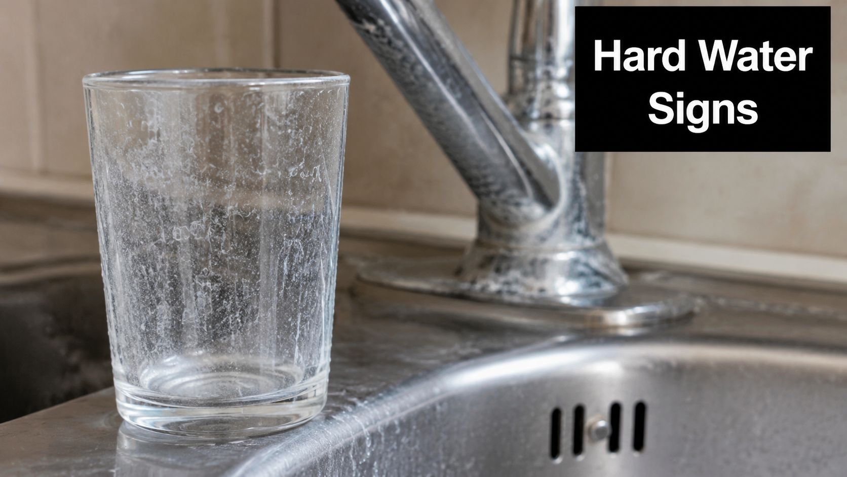 A clear drinking glass covered with white hard water mineral deposits sitting on a kitchen sink.