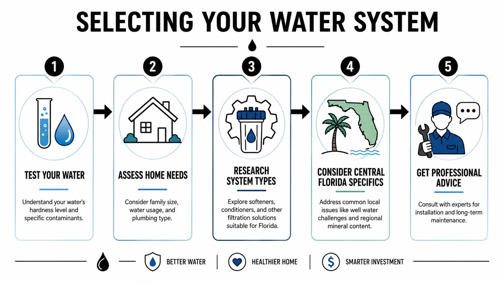 An infographic titled Selecting Your Water System outlining five essential steps for choosing home water filtration solutions.