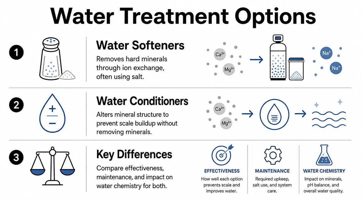 An infographic showing the differences between water softeners and water conditioners for treating hard water.