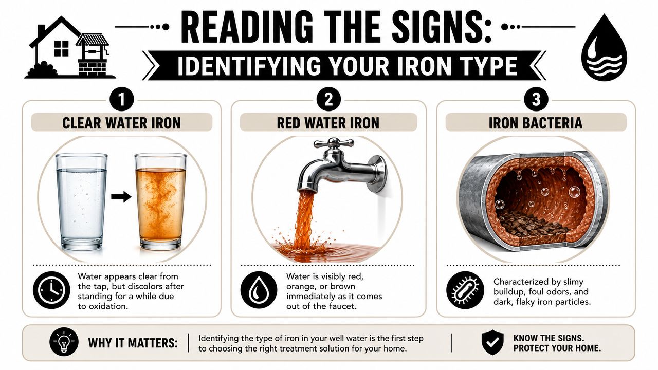 An infographic showing three common types of iron in well water, including clear water, red water, and bacteria.