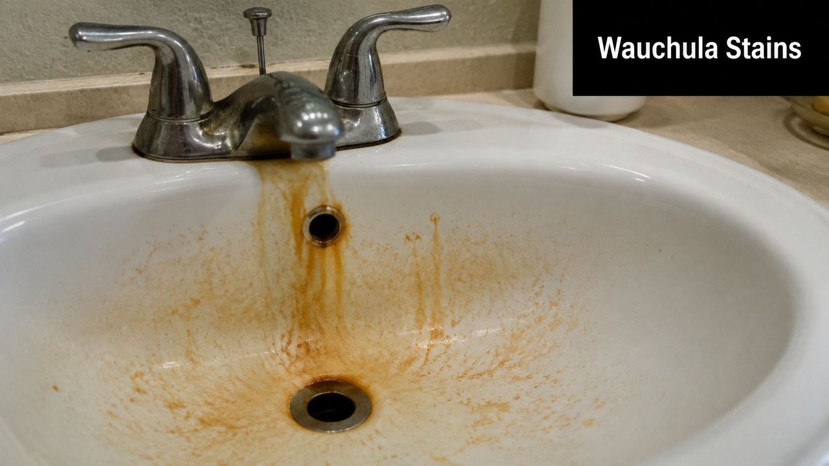 A white bathroom sink heavily stained with orange iron deposits from iron-rich well water in Wauchula, Florida.
