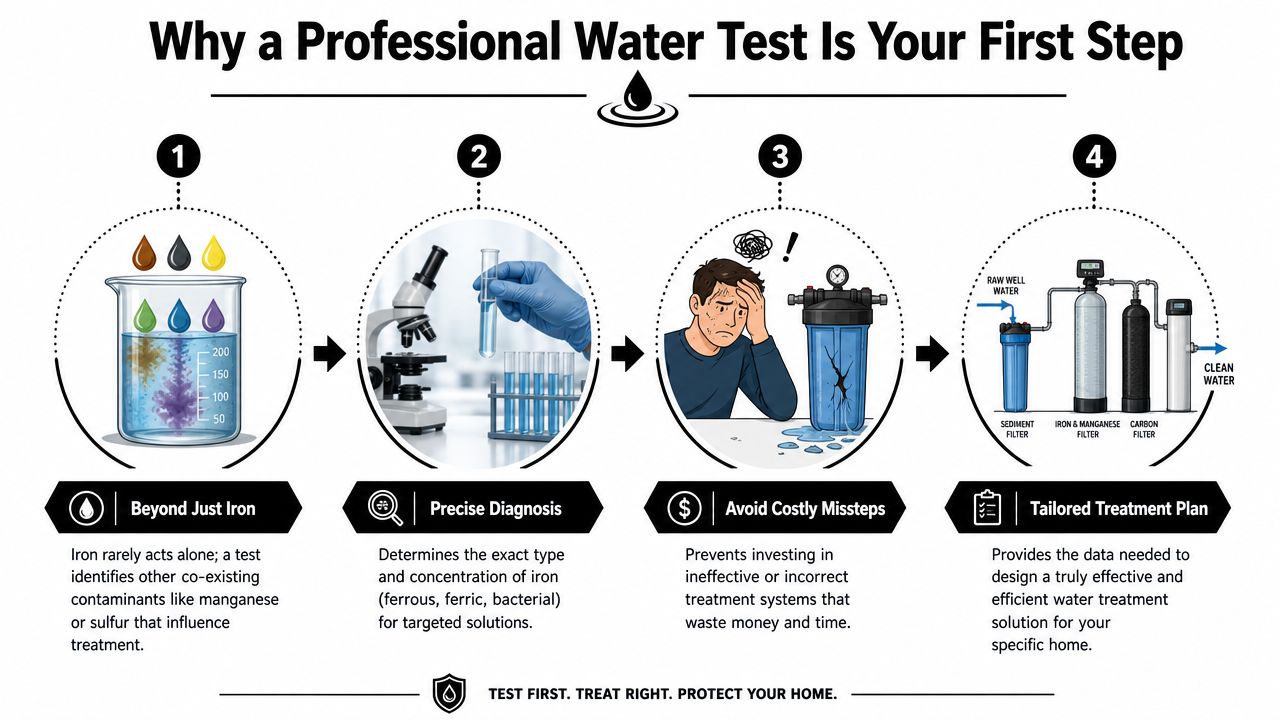 A diagram explaining why professional water testing is the essential first step for iron removal from well water.