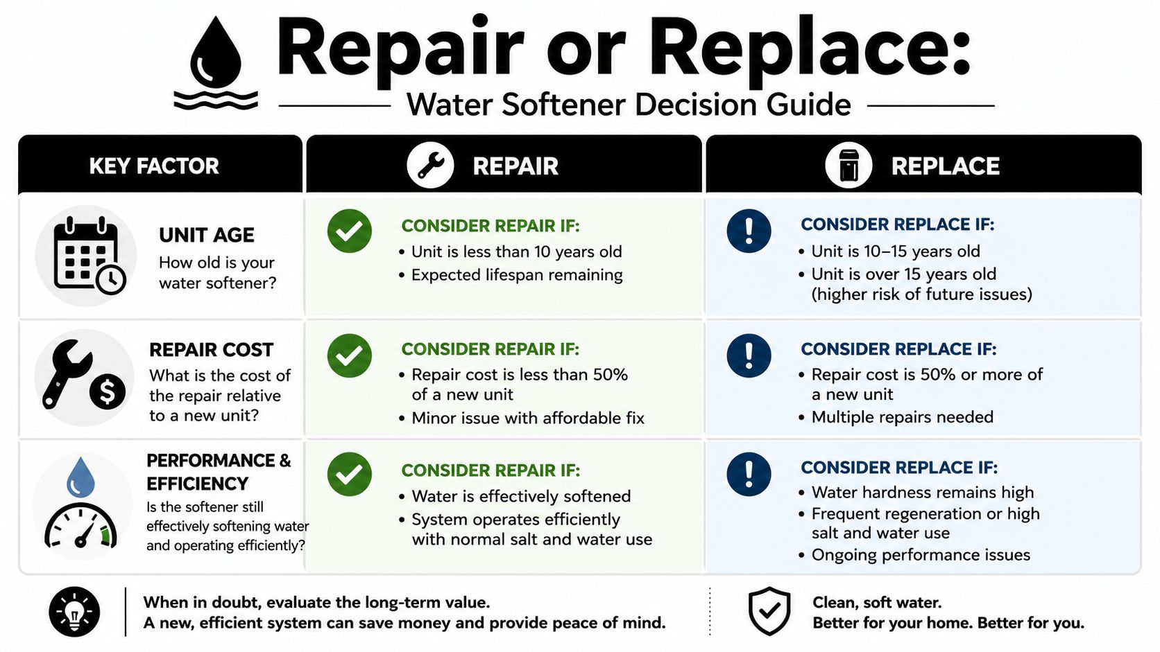 A decision guide for homeowners to determine whether to repair or replace their water softener system.