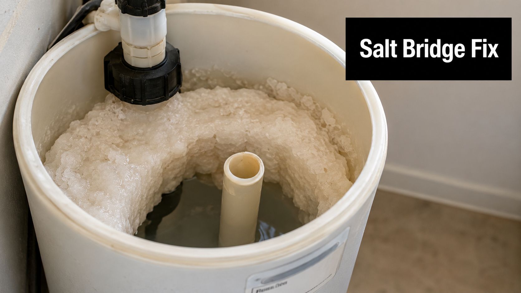 A water softener tank with a salt bridge crust surrounding the central brine well pipe inside.