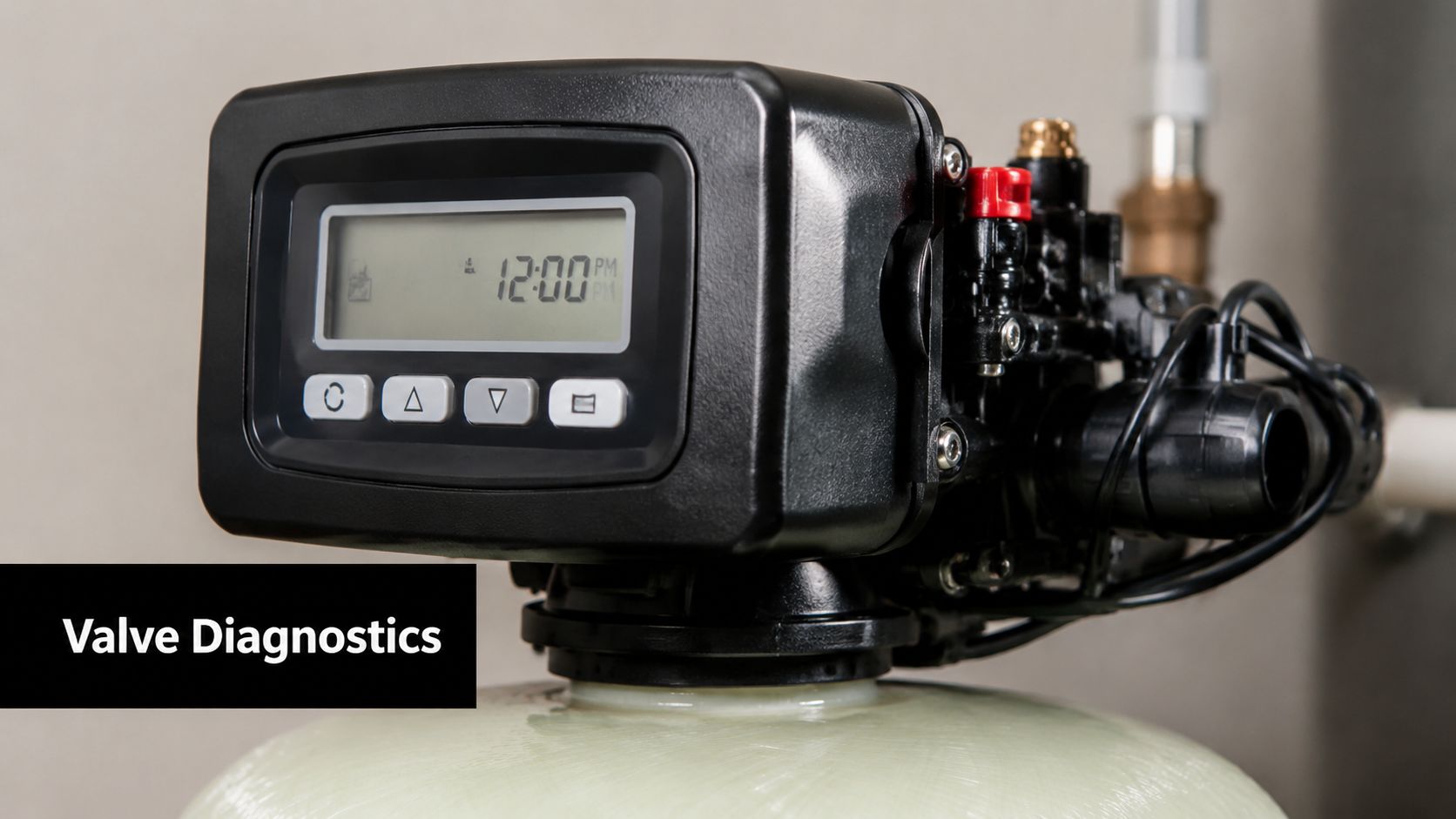 A close up view of a digital water softener control valve head with a display screen.
