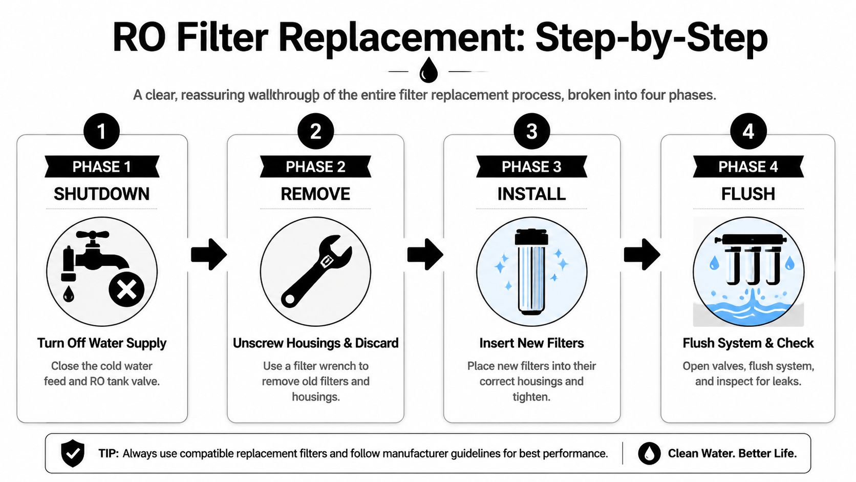 A four-step infographic showing how to replace reverse osmosis water filters safely and effectively.