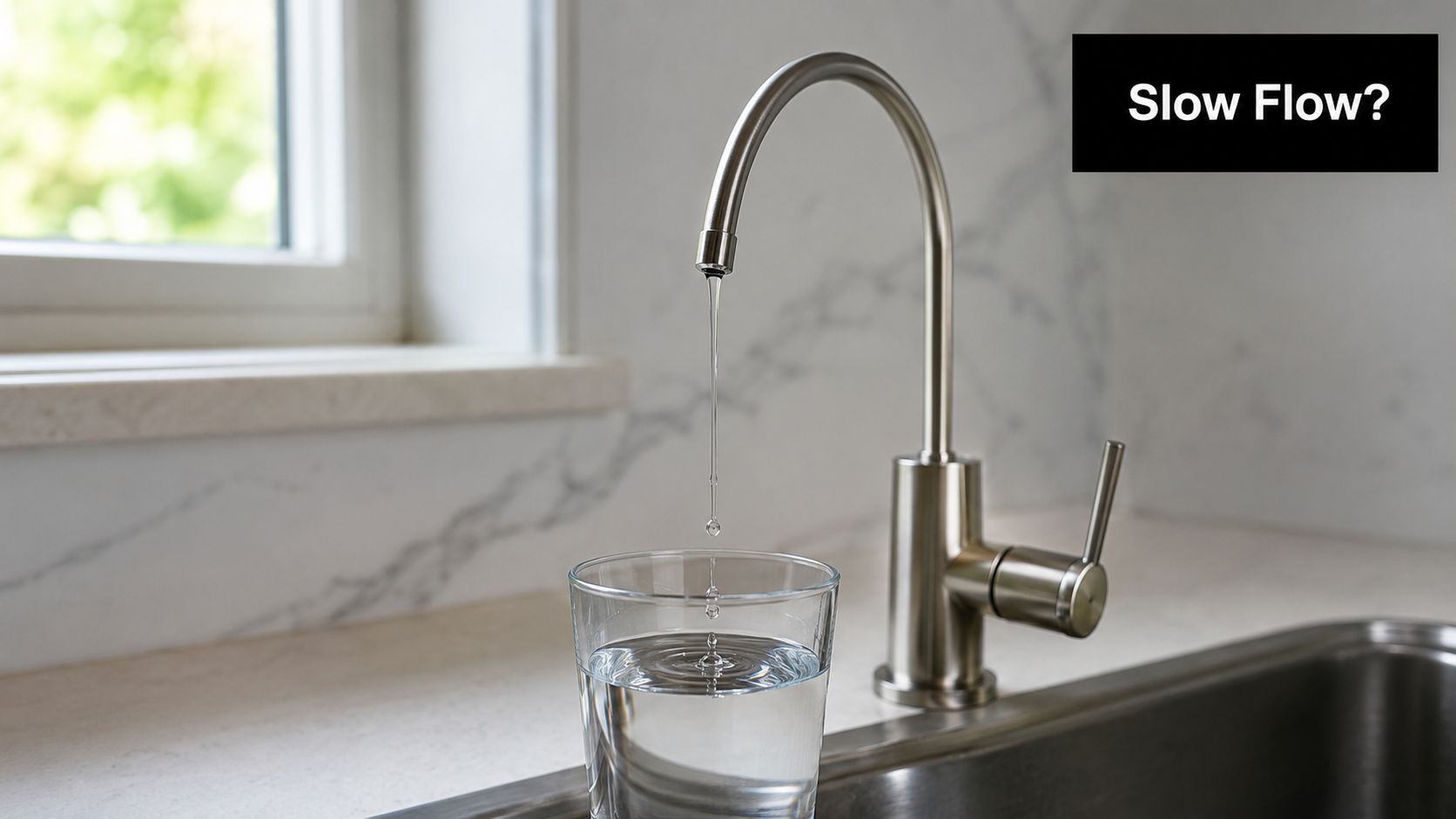 A kitchen faucet dispensing water into a glass with a slow flow, highlighting a potential filtration issue.
