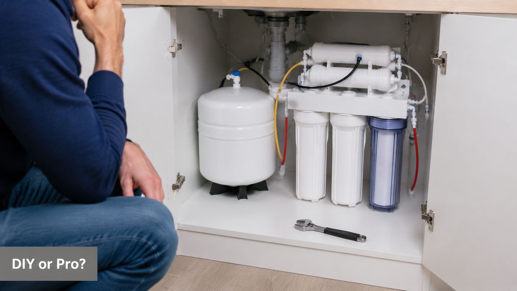 A person kneeling before a reverse osmosis water filtration system installed under a kitchen sink cabinet.