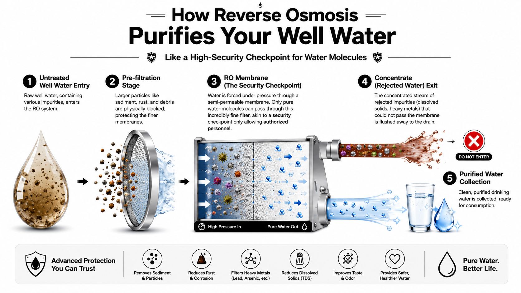 A diagram illustrating the five stages of how reverse osmosis purifies contaminated well water for consumption.