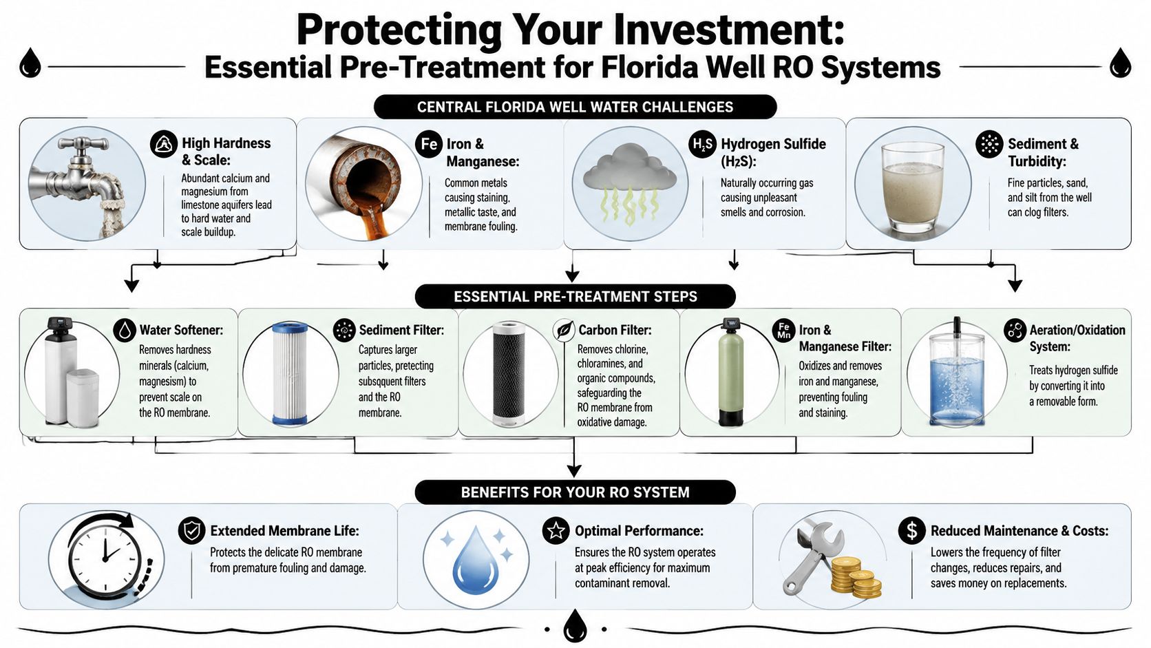 A diagram illustrating essential pre-treatment steps to protect reverse osmosis systems from Florida well water challenges.