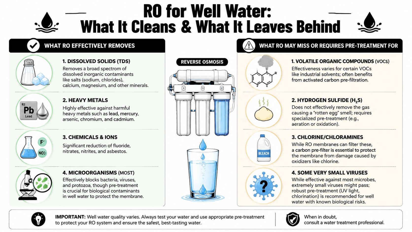 An infographic showing what reverse osmosis systems remove from well water and what requires pre-treatment.