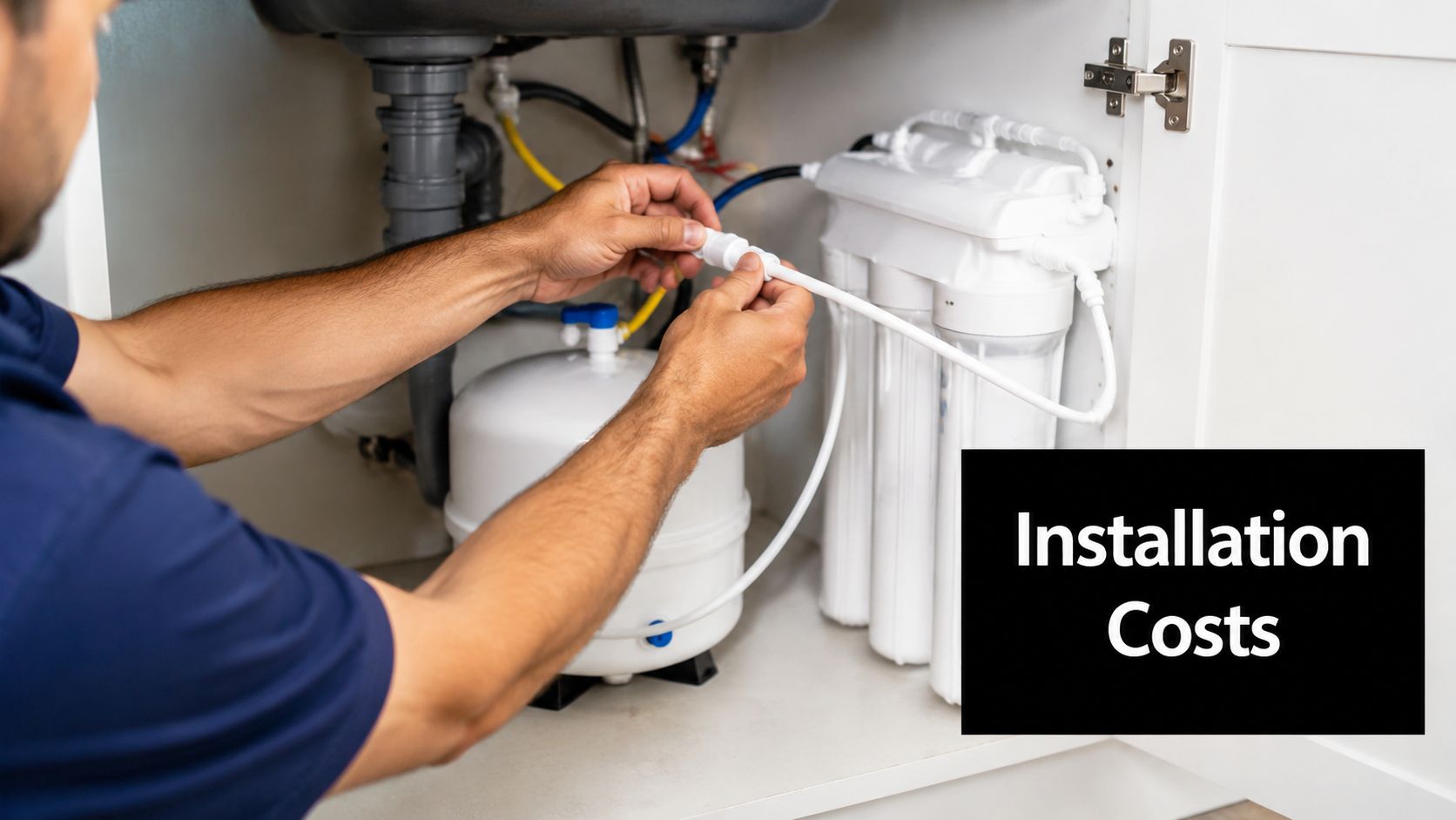 A professional technician installing a reverse osmosis water filtration system under a kitchen sink.