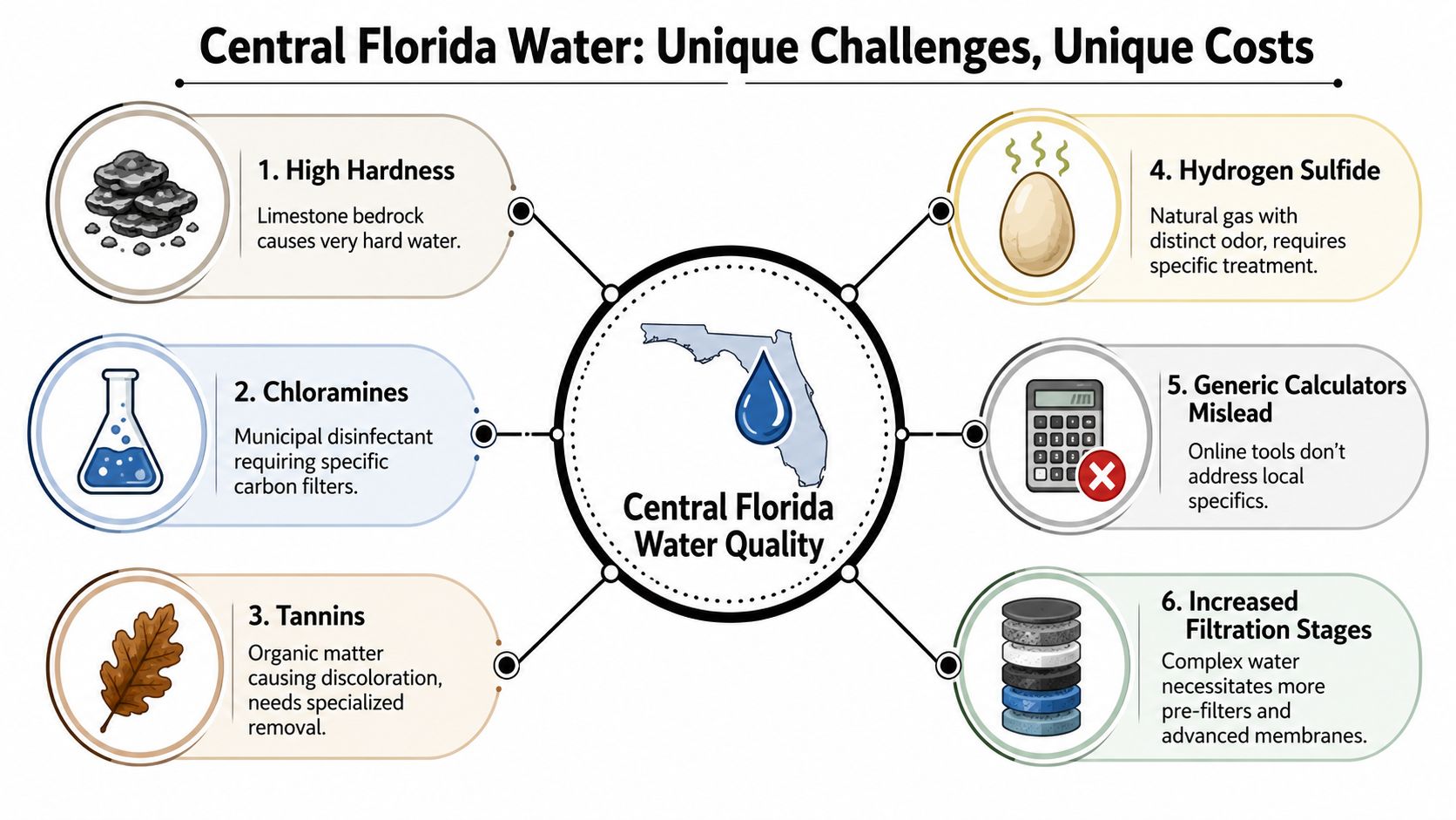 An infographic detailing the six main challenges affecting water quality in Central Florida and their associated costs.