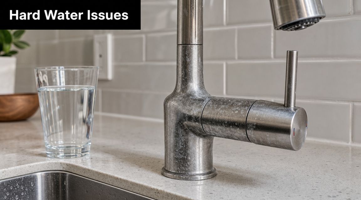 A stainless steel kitchen faucet covered in white mineral deposits and water spots due to hard water.