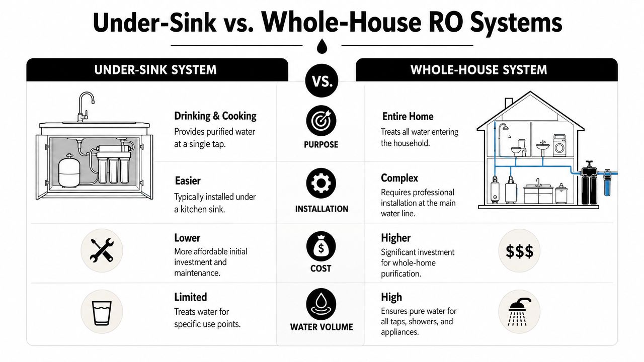 A comparison chart showing the differences between under-sink and whole-house reverse osmosis water filtration systems.