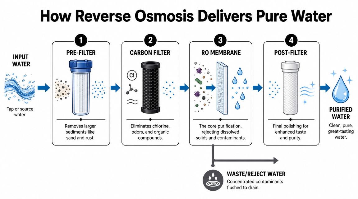 A four-stage infographic explaining the water purification process of a reverse osmosis system from input to output.