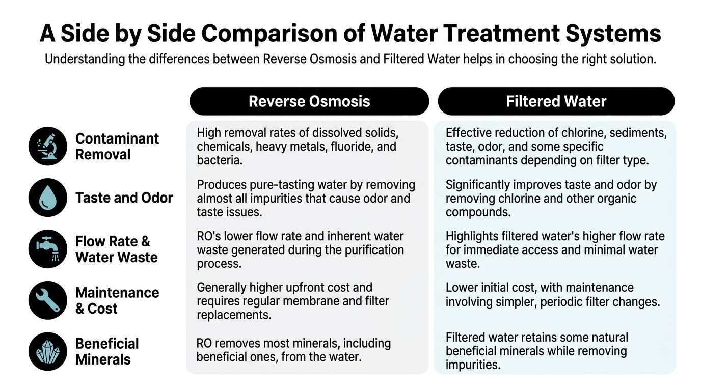 A comparison chart outlining key differences between reverse osmosis systems and standard filtered water solutions.