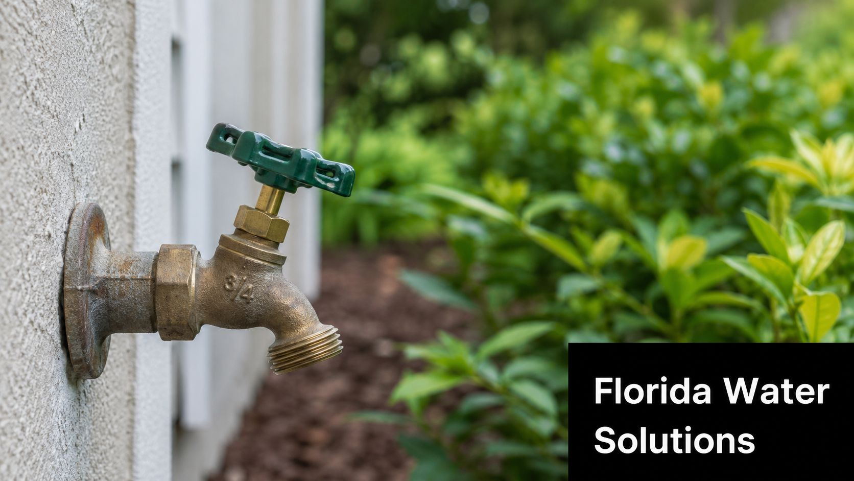 A brass outdoor water spigot attached to a textured wall near lush green garden foliage.