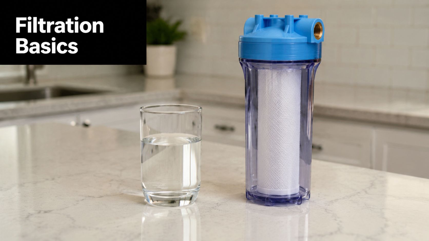 A glass of clear water beside a transparent water filter housing with a white filter cartridge.