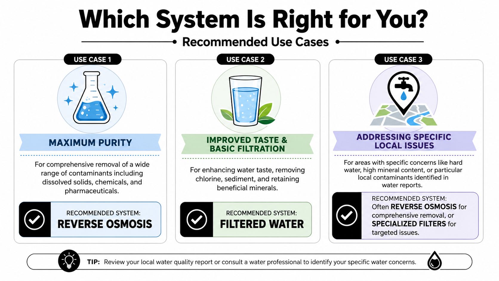 A comparison chart showing when to use reverse osmosis versus standard water filtration for different water needs.