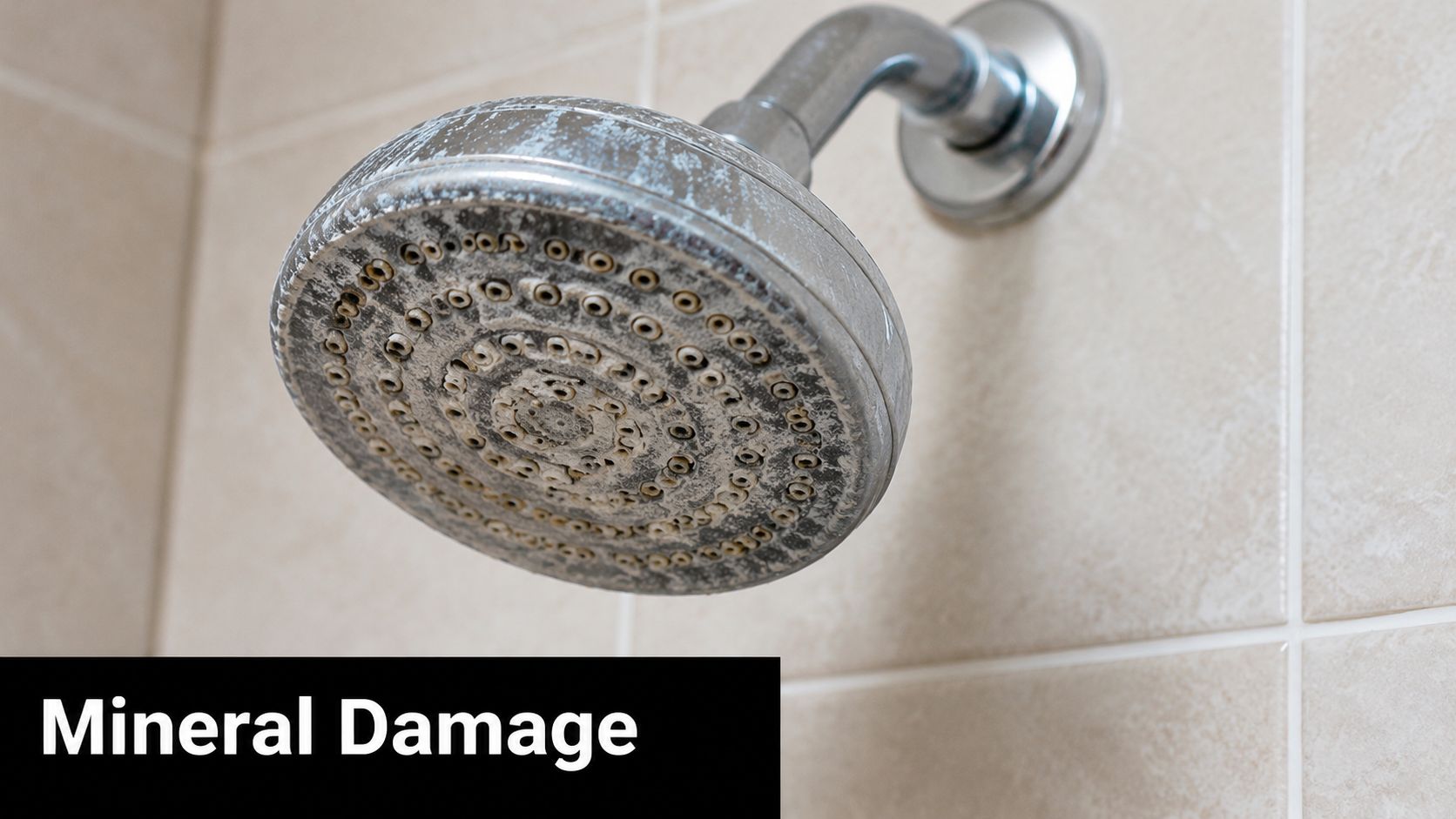 A close-up view of a shower head heavily coated with mineral deposits from hard water.