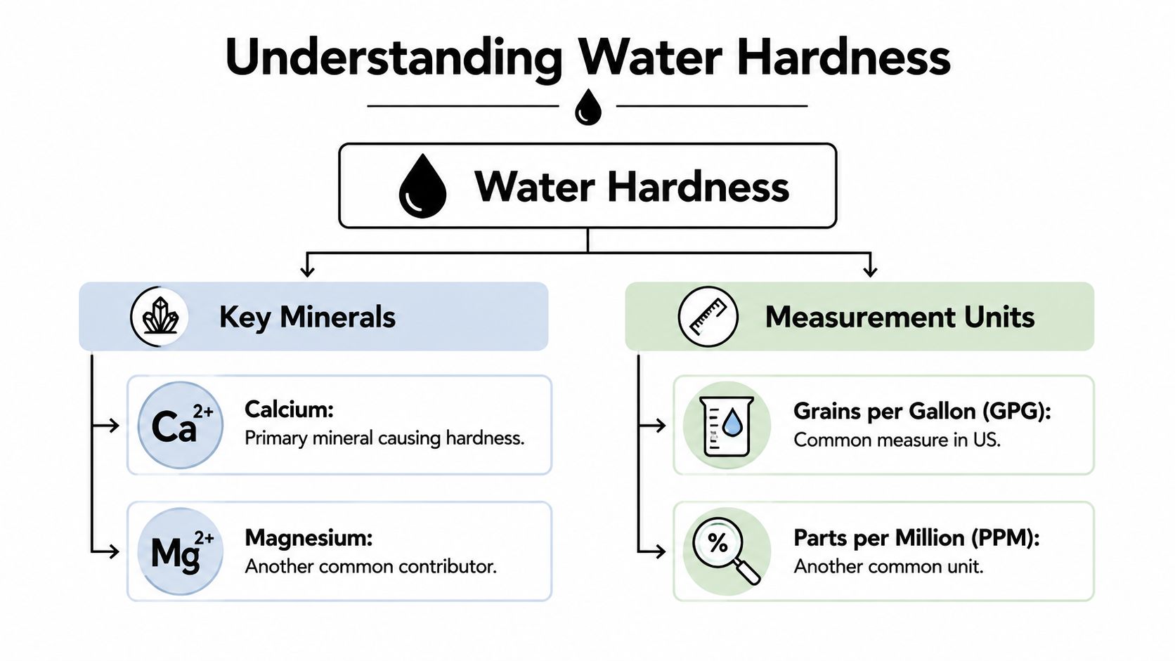 An infographic titled Understanding Water Hardness explaining key minerals and units of measurement for water hardness.