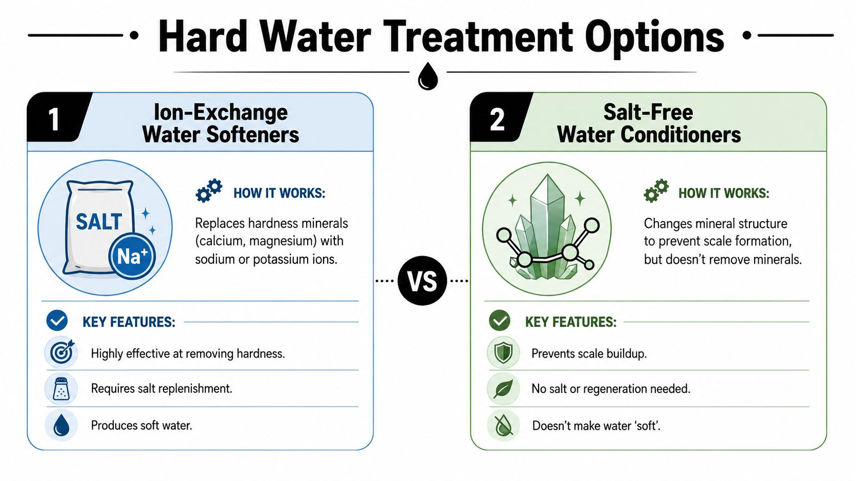 A comparison infographic showing the differences between ion-exchange water softeners and salt-free water conditioners for treating hard water.