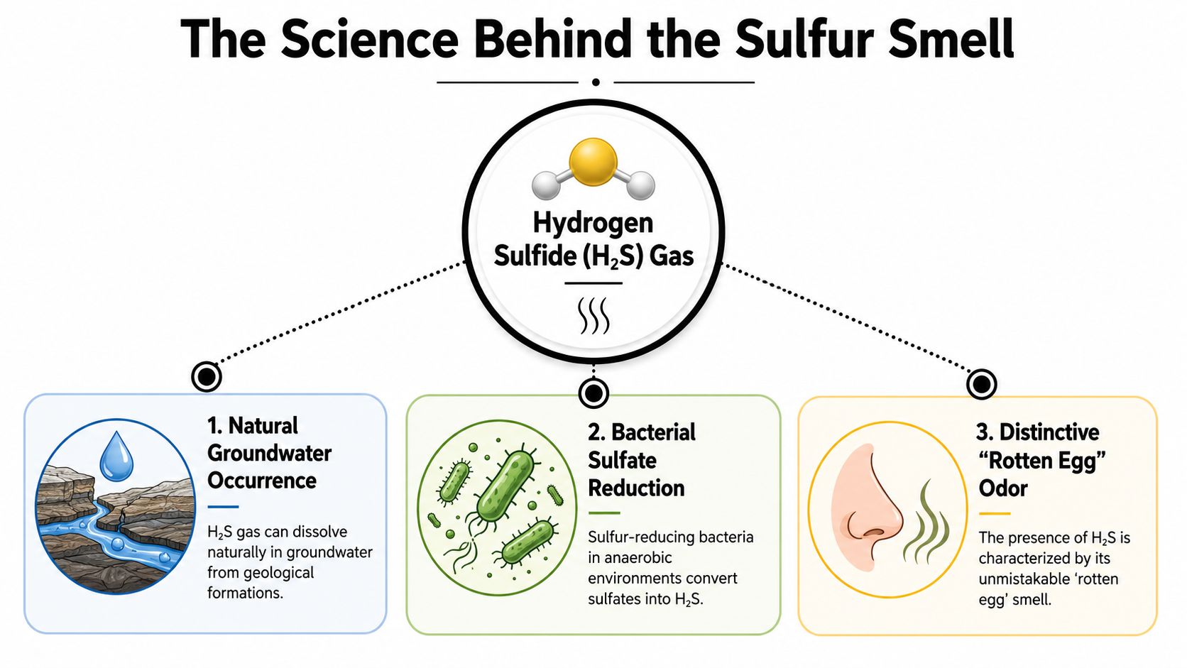 An infographic explaining the science behind the rotten egg smell caused by hydrogen sulfide gas in water.