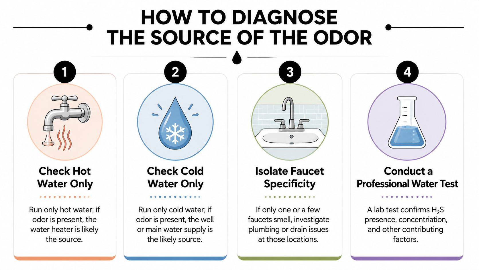 A 4-step infographic showing how to diagnose the source of sulfur odors in home water supplies.