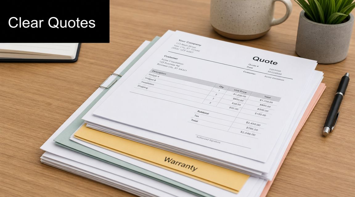 A stack of documents including a quote form and a warranty document resting on a wooden desk.