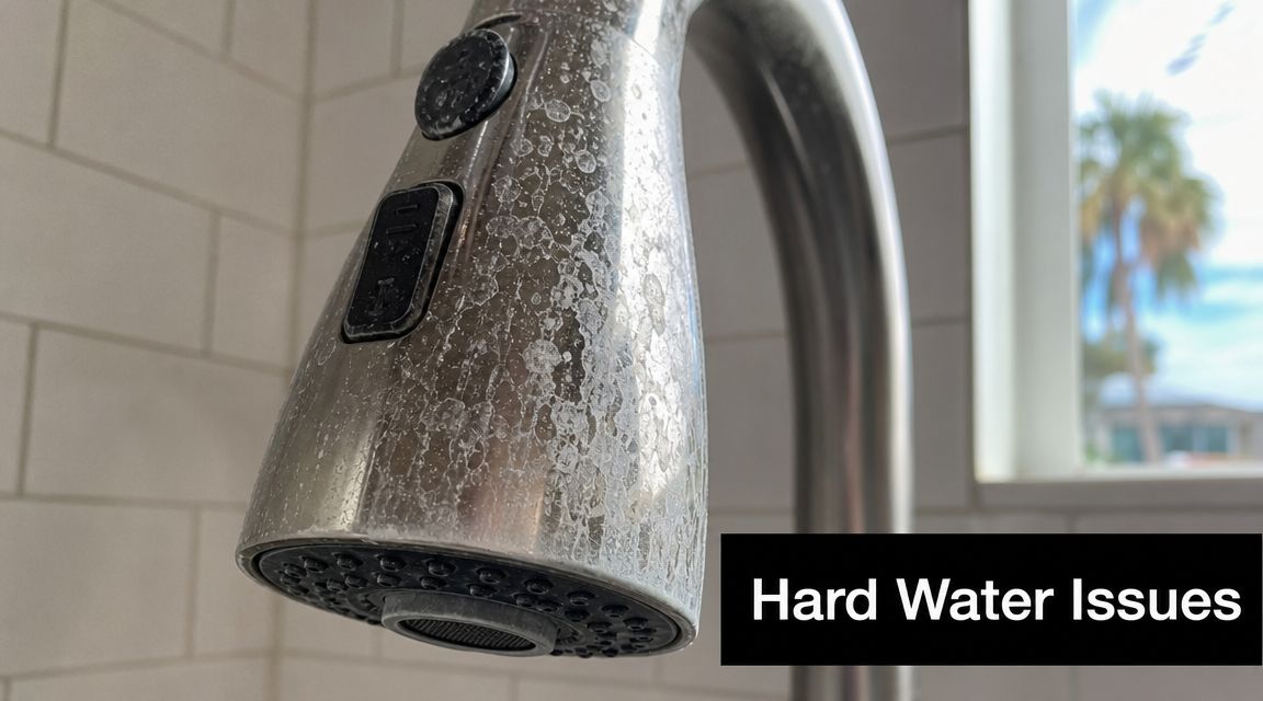 A close-up view of a metal kitchen faucet showing significant mineral deposit build-up from hard water.