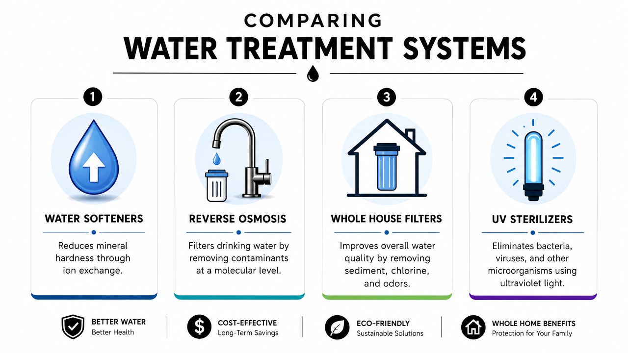 An infographic comparing different water treatment systems including water softeners, reverse osmosis, whole house filters, and UV sterilizers.