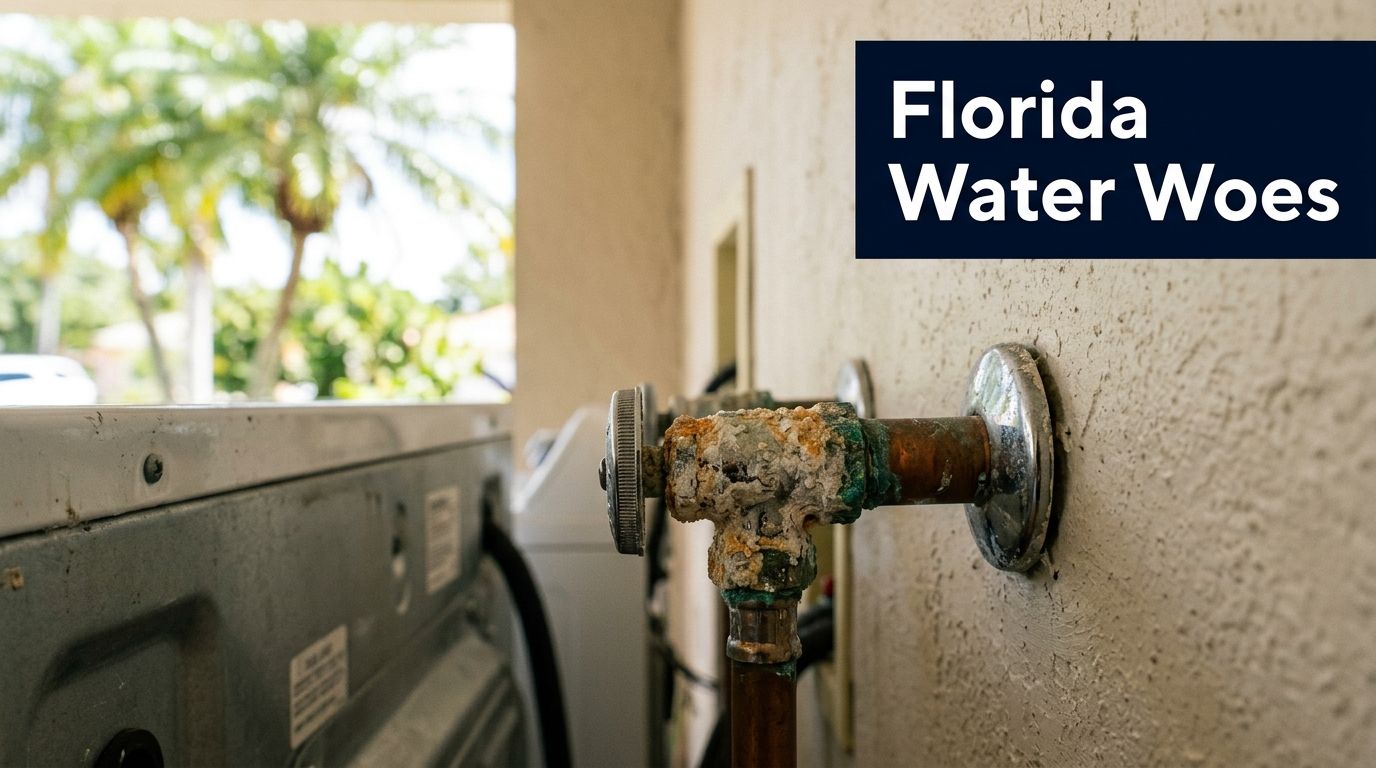 A close-up view of a heavily corroded water valve attached to a wall next to a washer.