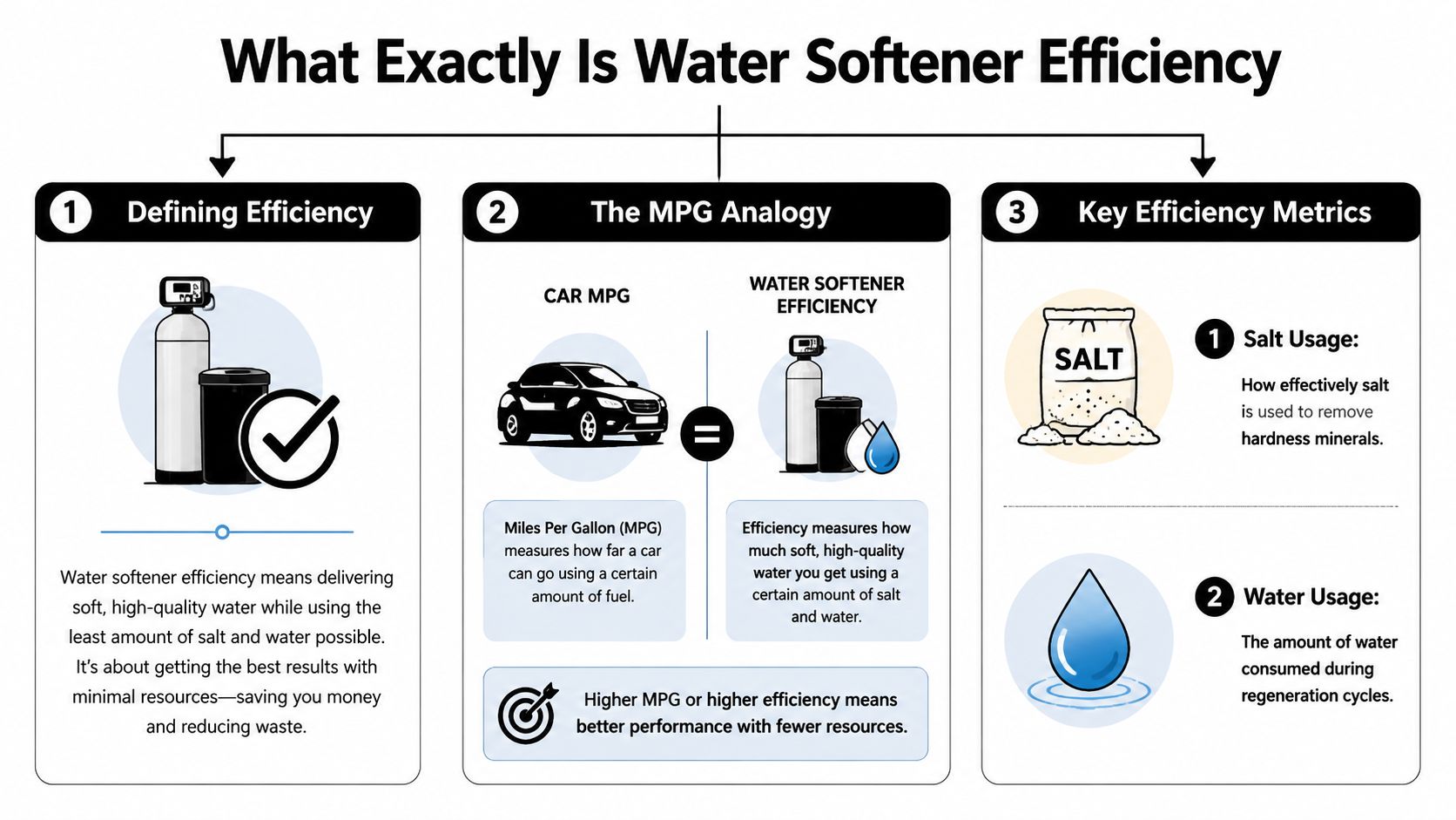 An infographic explaining water softener efficiency using an MPG car analogy and key metrics like salt and water usage.