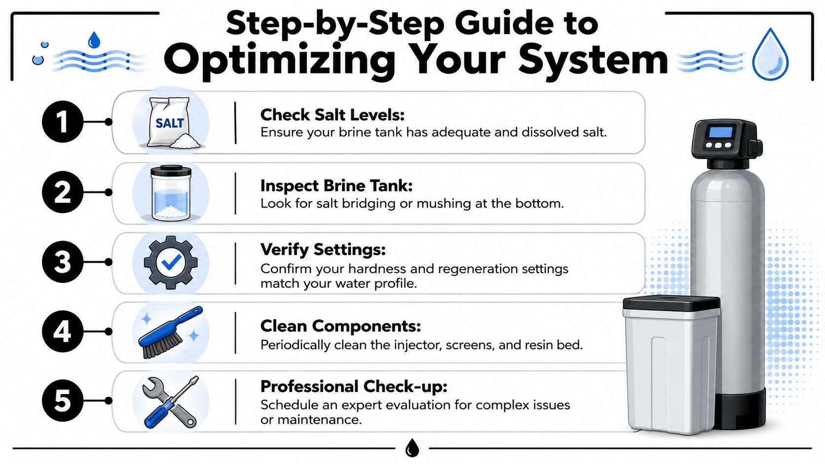 A five-step instructional guide on how to optimize and maintain a home water softener system.