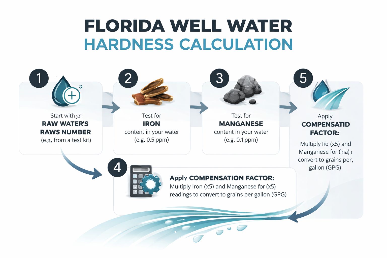 An infographic showing a five-step process to calculate Florida well water hardness for softener settings.