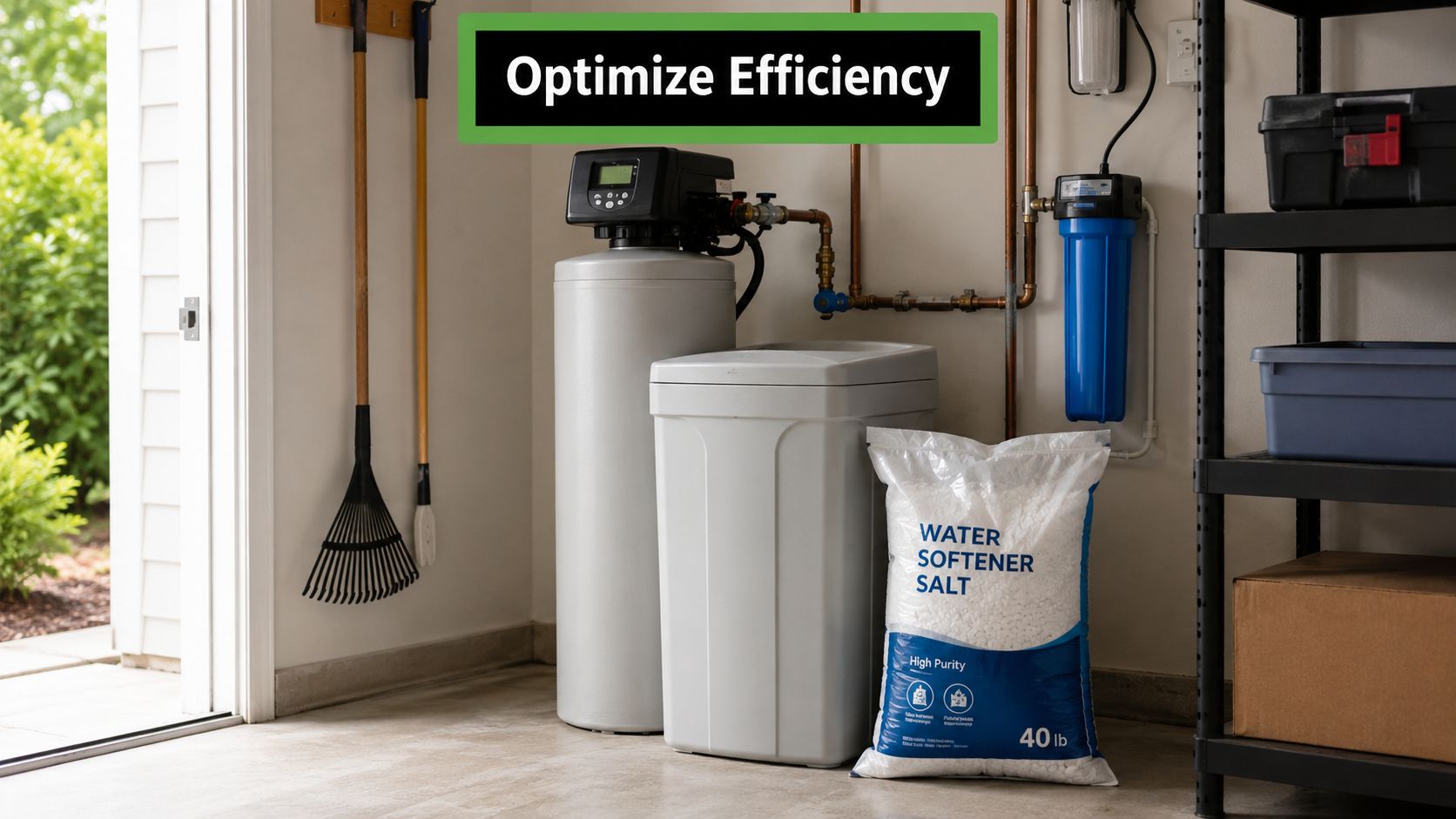 A water softener system and a bag of softener salt installed in a home garage area.