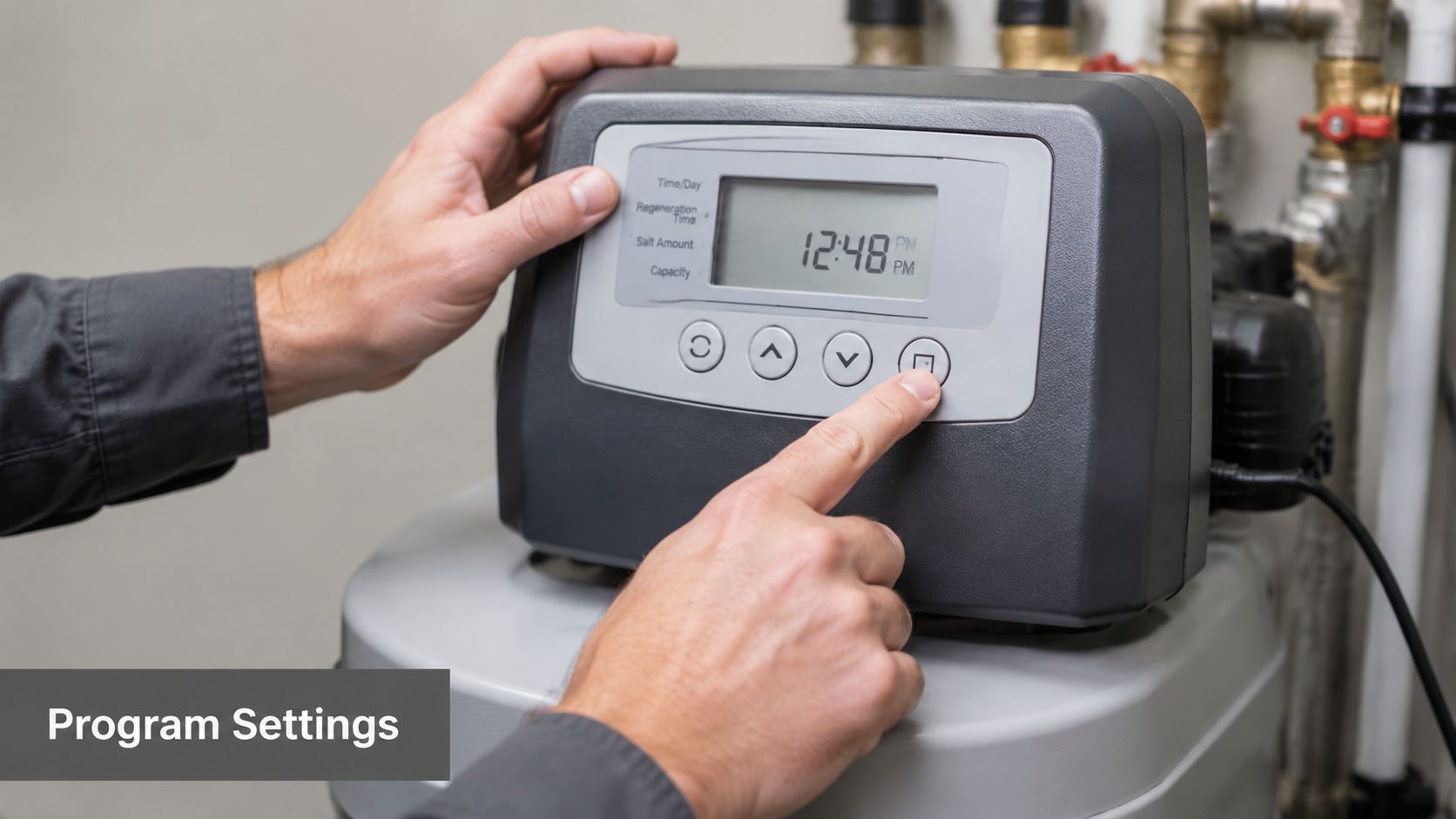A technician adjusting the program settings on a digital water softener control panel with their hands.