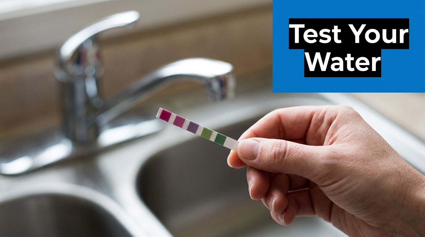 A person holding a water test strip with a kitchen faucet and sink in the background.