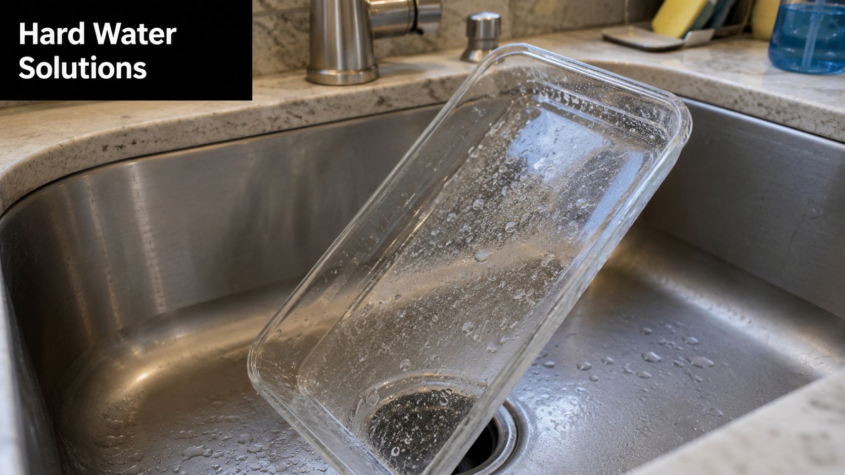 A glass baking dish with visible water spots resting in a stainless steel kitchen sink.