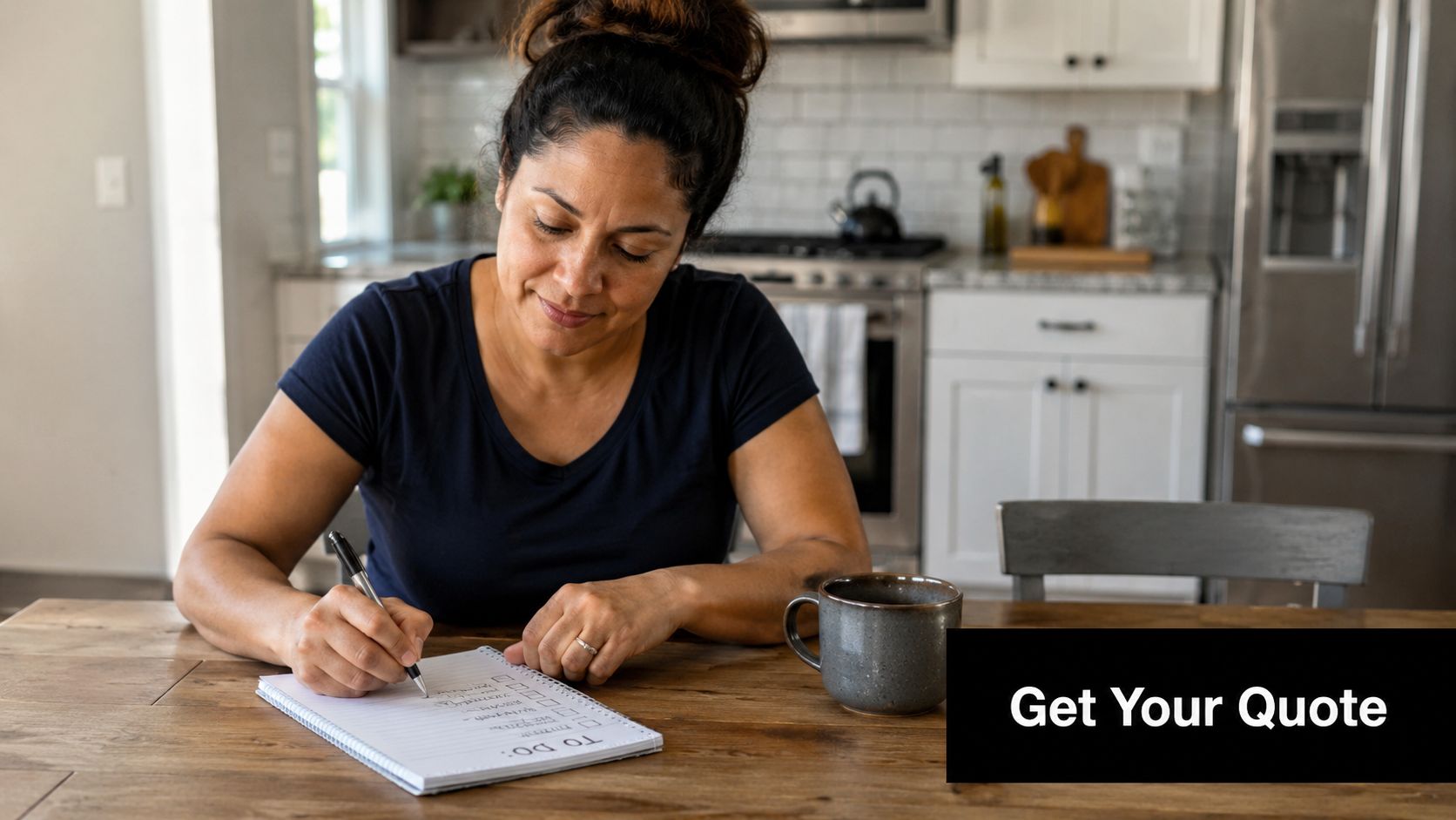 A woman writing a to-do list at a wooden kitchen table, contemplating her home renovation tasks.