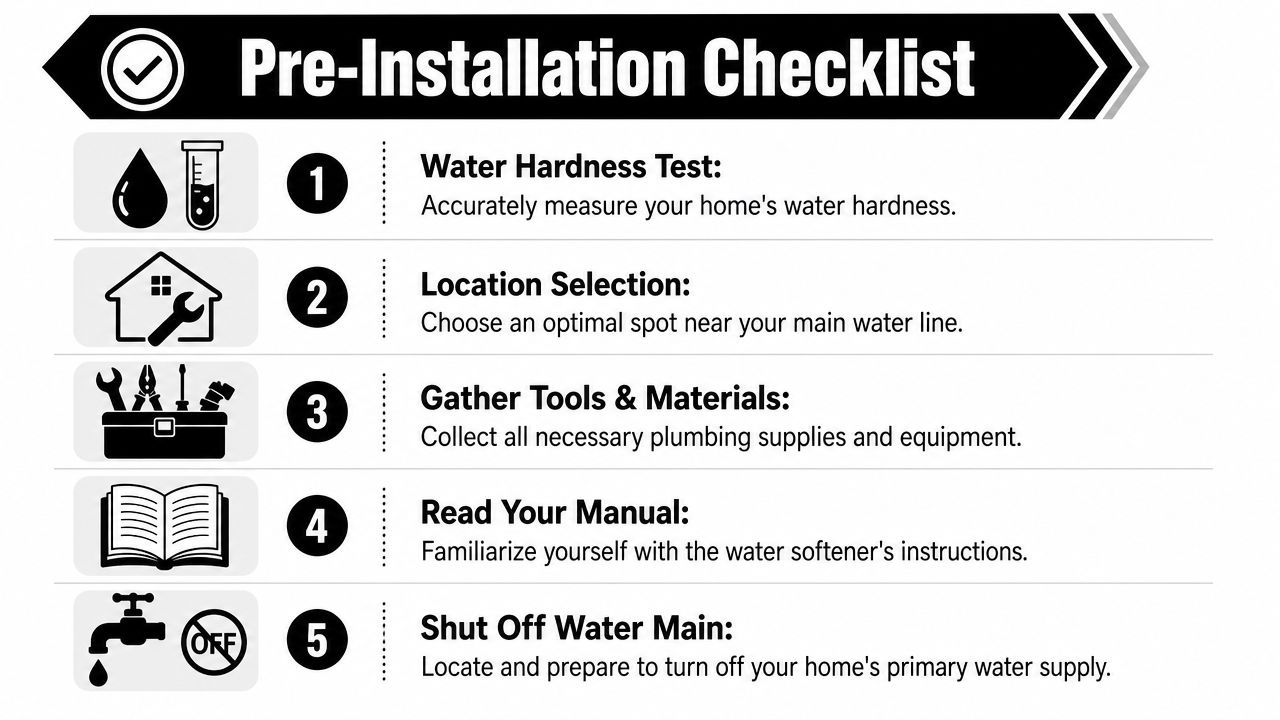 A five-step pre-installation checklist infographic for setting up a residential water softener system at home.