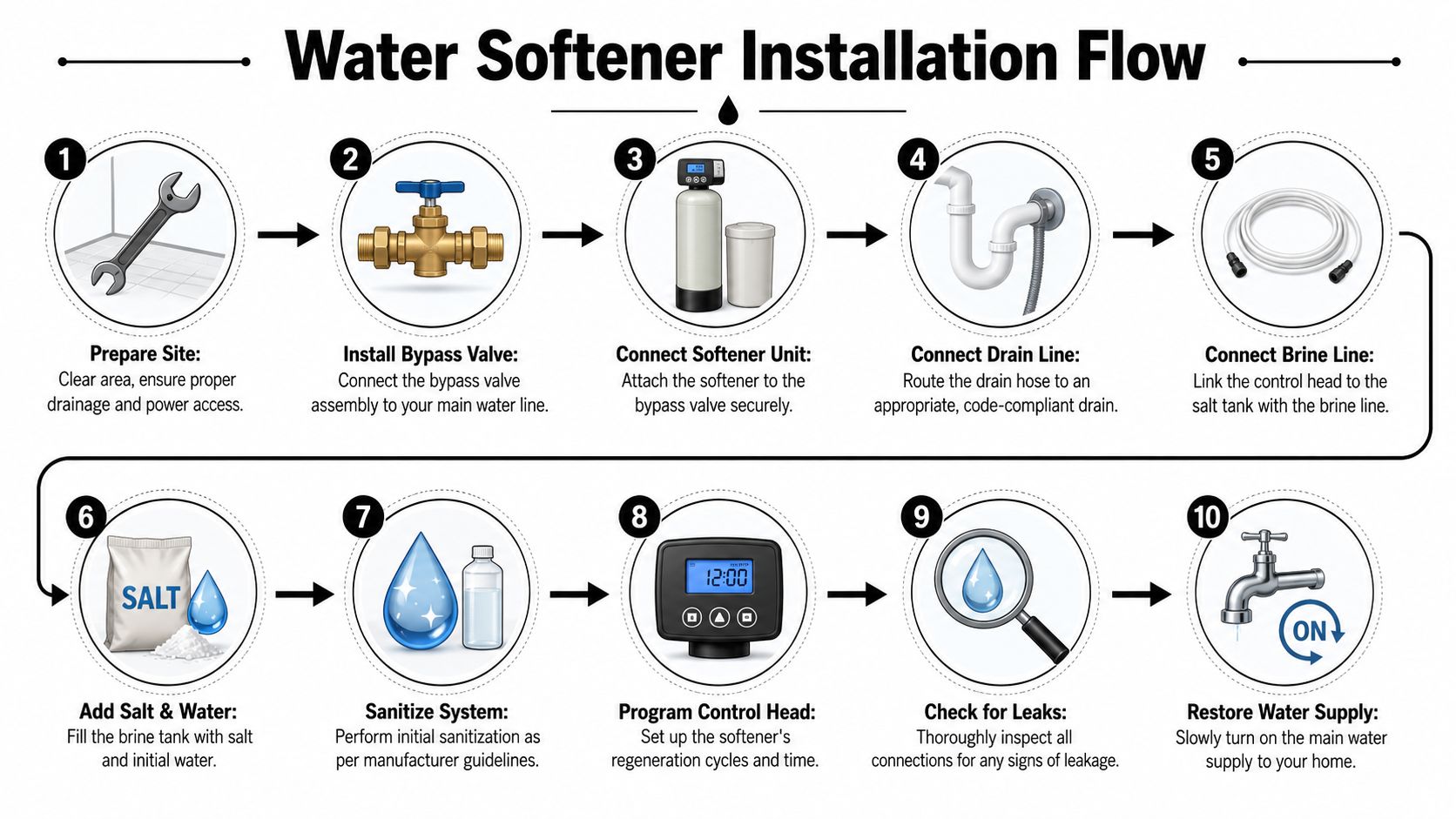 A ten-step illustrated guide showing the installation process for a residential water softener system.