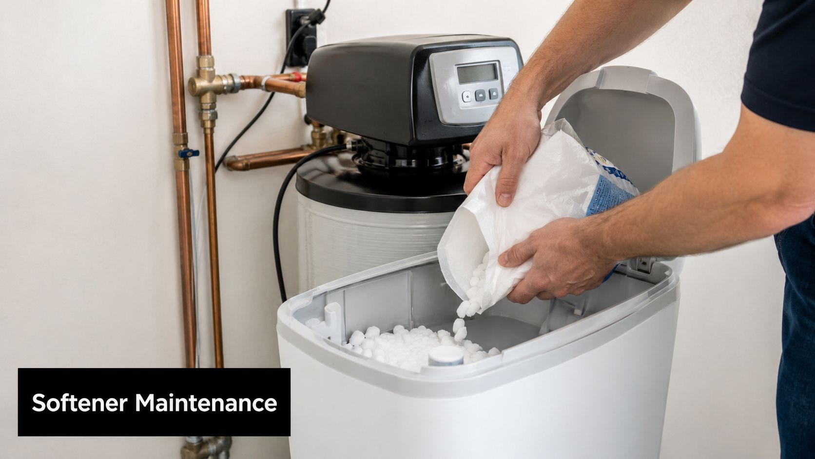A person pouring a bag of white salt pellets into a water softener unit for routine maintenance.